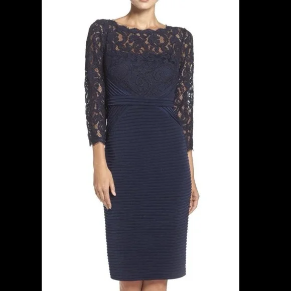 Adrianna Papell | Dresses | Nwt Adrianna Papell Long Sleeve Navy Lace  Jersey Cocktail Party Dress Size 6 | Poshmark